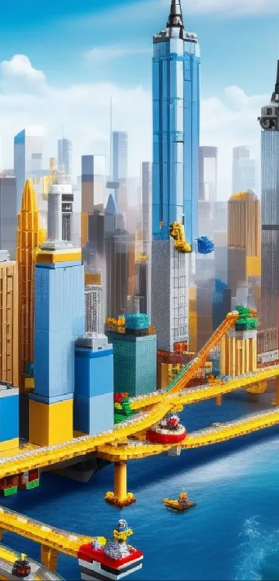 Vibrant Lego cityscape with colorful skyscrapers and ocean view.