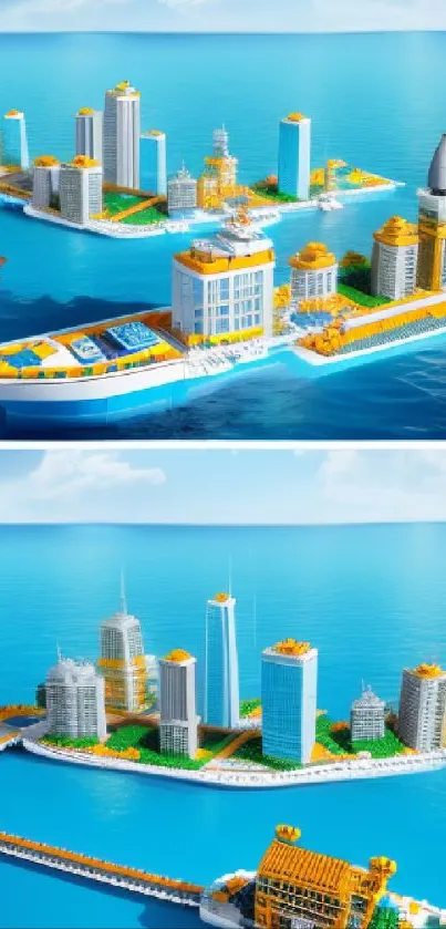 Floating Lego cityscape on vibrant blue ocean.