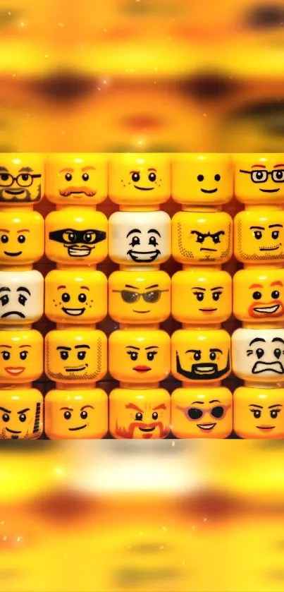 Colorful collage of Lego faces on a yellow background.