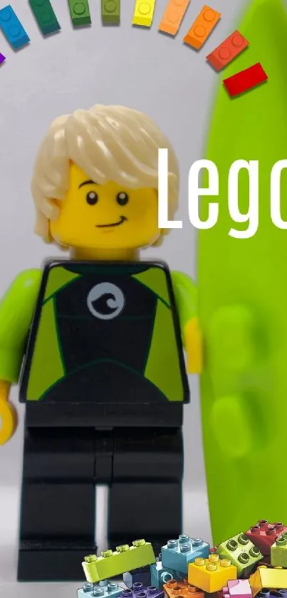 Colorful LEGO minifigure with lime green background.