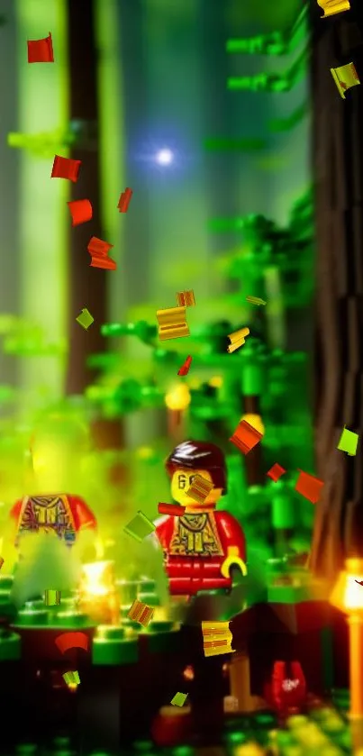 Lego characters in a vibrant, glowing forest adventure scene.