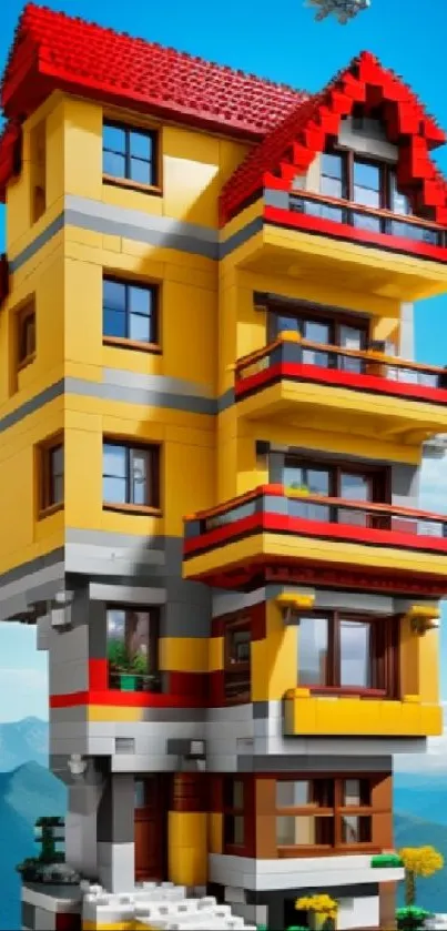 Lego house set against a bright blue sky with clouds.