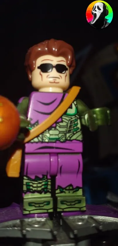 Vibrant LEGO minifigure with purple outfit and sunglasses.