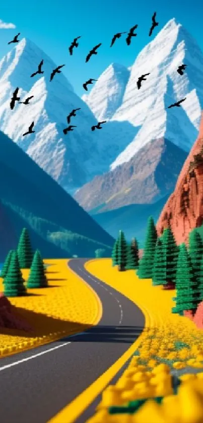 Vibrant Lego landscape with mountains and road.