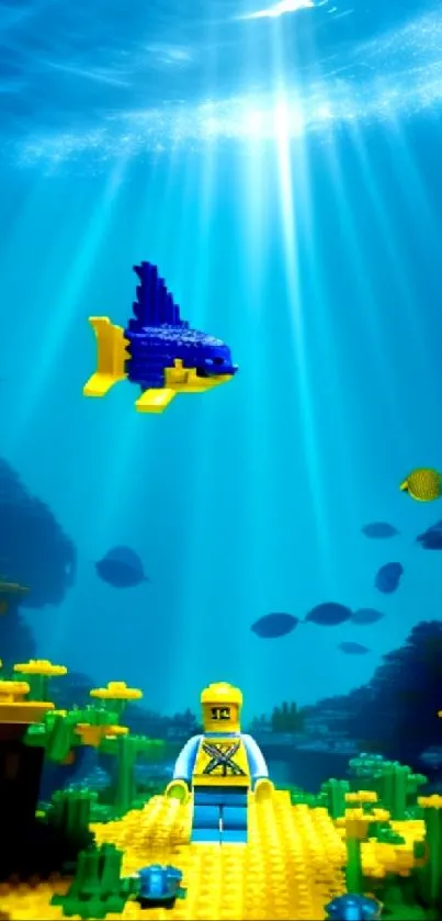 Lego ocean scene with vibrant colors and fish under a sunlit blue sea.