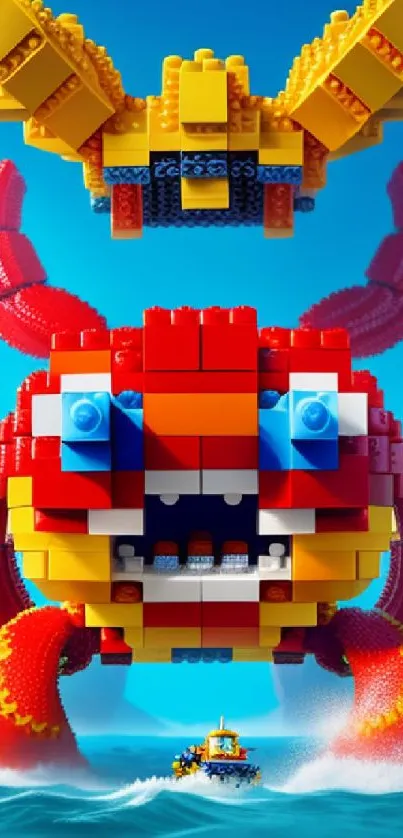 LEGO sea monster towers over ocean with vibrant colors and playful design.