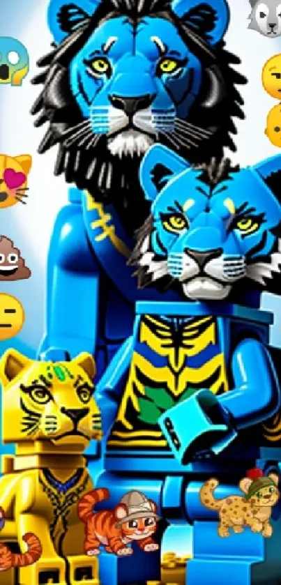 Colorful Lego tiger figures with emojis, featuring a dominant blue theme.