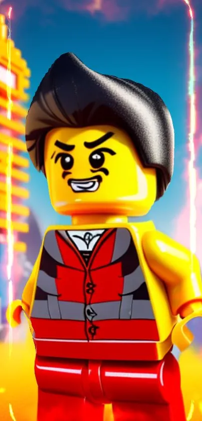 Lego warrior in vibrant setting with bright yellow and red colors.