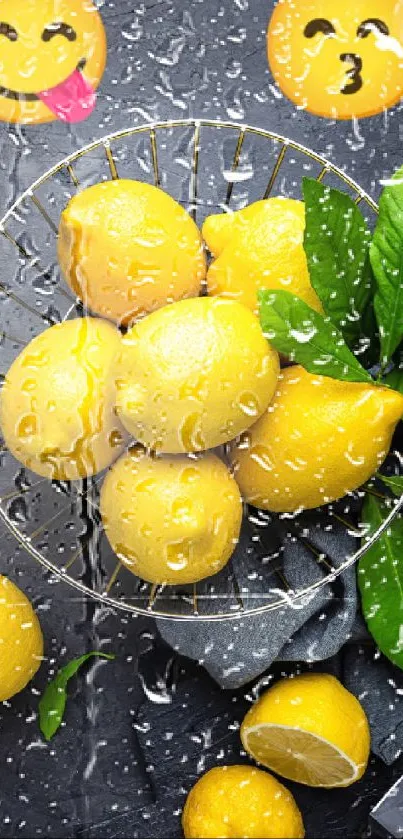 Vibrant lemons and playful emojis wallpaper for mobile.