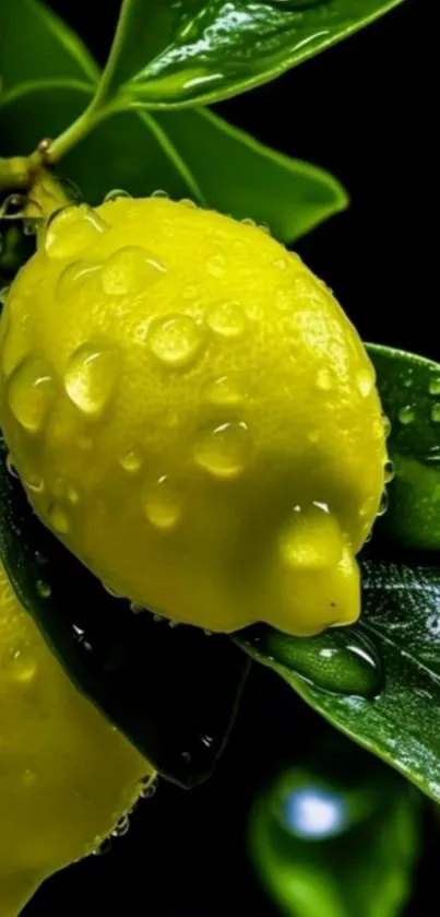 Close-up of fresh lemons with water droplets and green leaves.