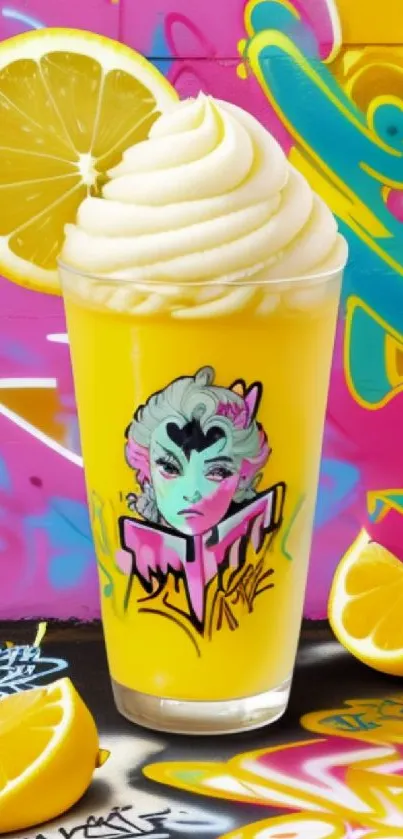 Graffiti styled wallpaper with lemon drink in vibrant colors.
