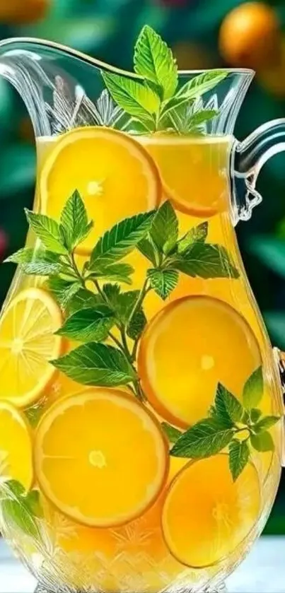 A vibrant wallpaper of a lemon-filled jug with green leaves surrounding it.