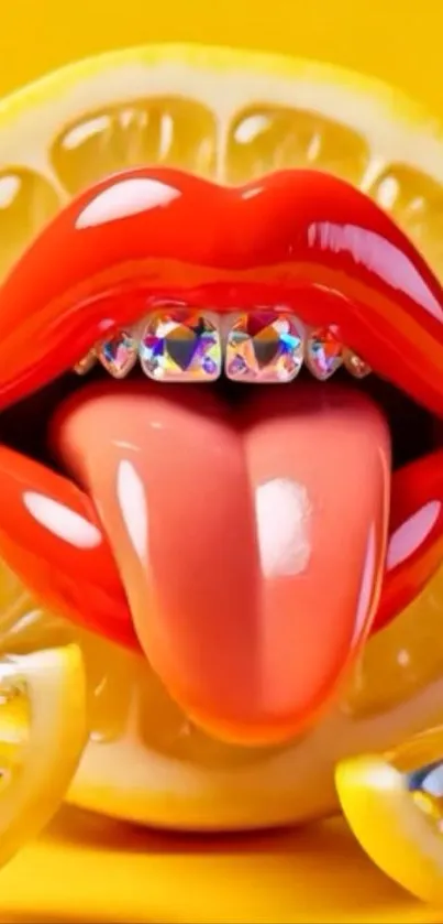 Artistic wallpaper with red lips and lemons.