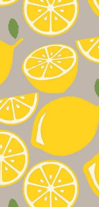 Vibrant lemon and leaf pattern wallpaper with a soft gray backdrop.