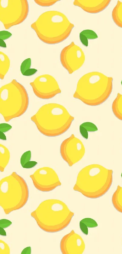 Lemon pattern wallpaper with yellow lemons and green leaves on a cream background.