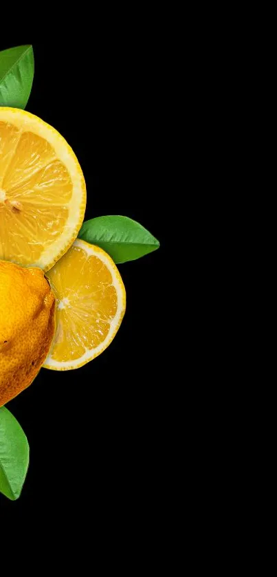 Vibrant citrus lemon slices with green leaves on a black background.