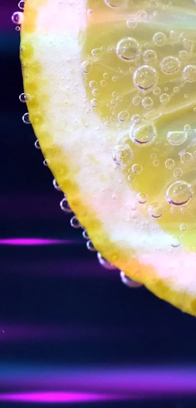 Close-up of lemon slices with bubbles on a dark background.
