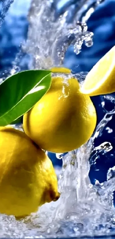 Dynamic lemon splash mobile wallpaper with a vivid blue background.