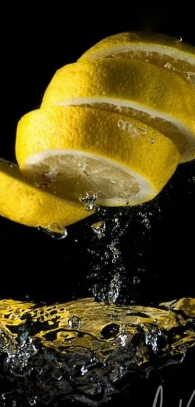 Vibrant lemon slices splashing in water on a dynamic black background.