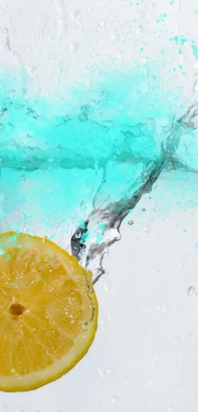 Lemon slice splashes in water with aqua burst on white background.