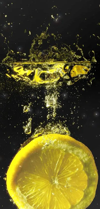 Lemon slice splashes in water creating vibrant wallpaper.