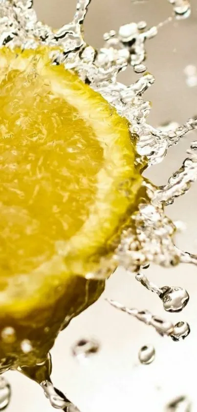 A vibrant lemon slice with splashing water droplets on a mobile wallpaper.