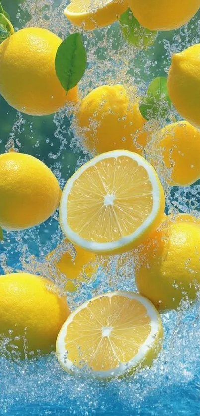 Lemons splashing in refreshing blue water.