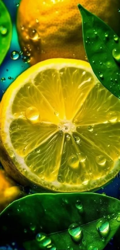 Bright lemon with green leaves wallpaper, water droplets shine.