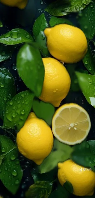 Vibrant lemons and leaves with rain drops on a mobile wallpaper.