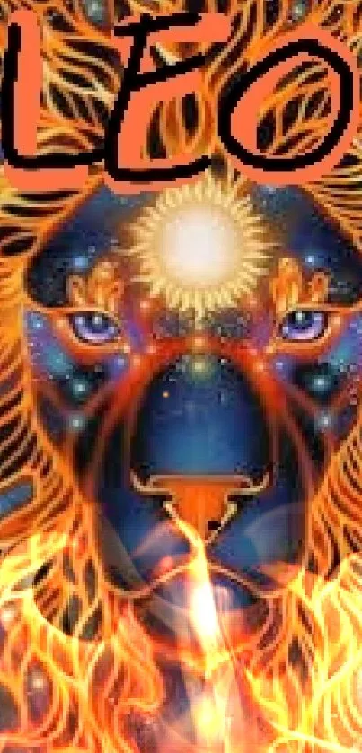 Dynamic Leo lion art wallpaper with fiery orange tones and cosmic elements.