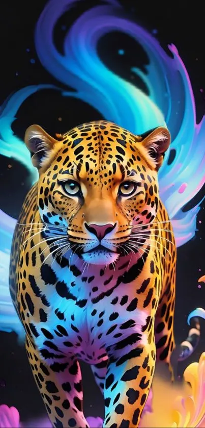 Vibrant leopard with neon swirls on a black background.