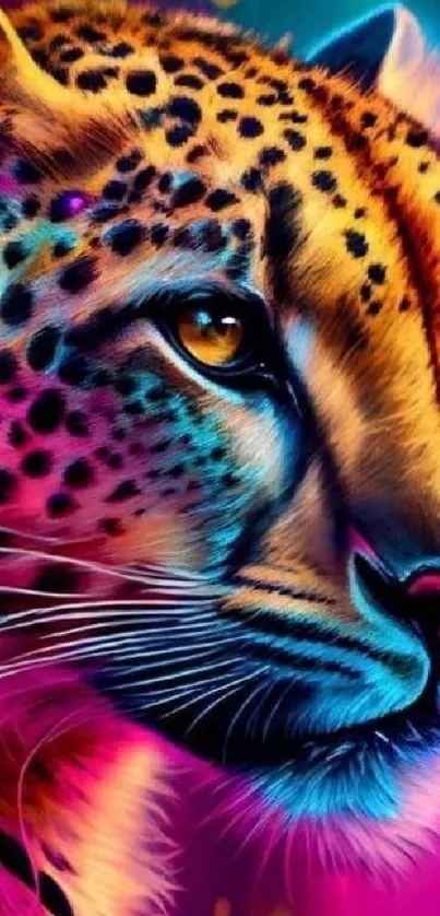 Vibrant leopard artwork with neon pink and blue hues.