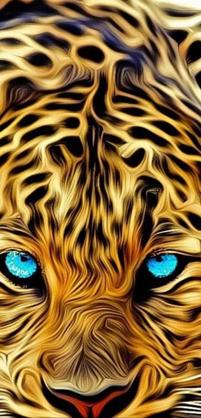 Artistic leopard wallpaper with vibrant blue eyes.