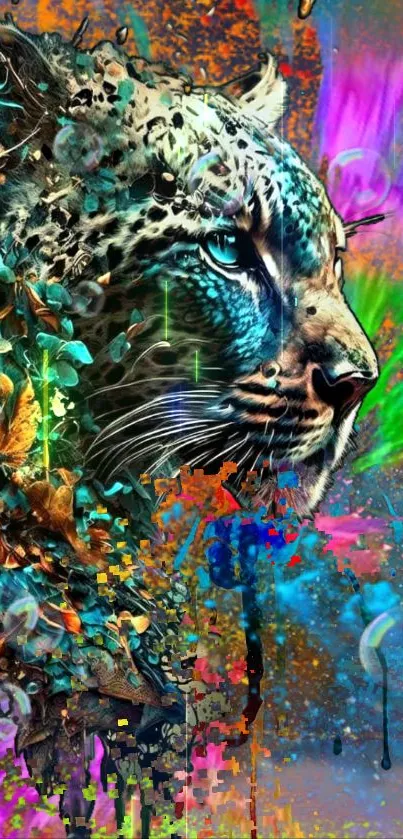 Vivid and colorful leopard in abstract art design with neon splashes.