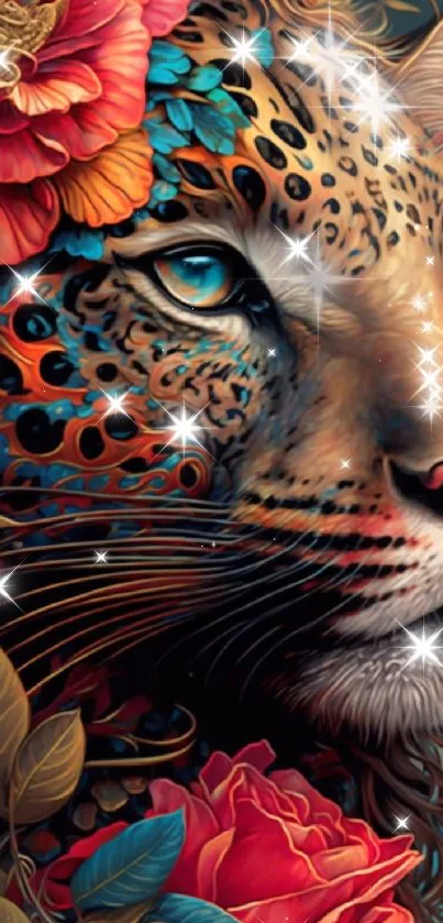 Artistic leopard with flowers wallpaper, vibrant colors.