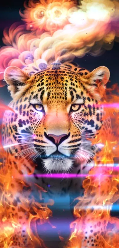 Vibrant leopard artwork with neon flames background.