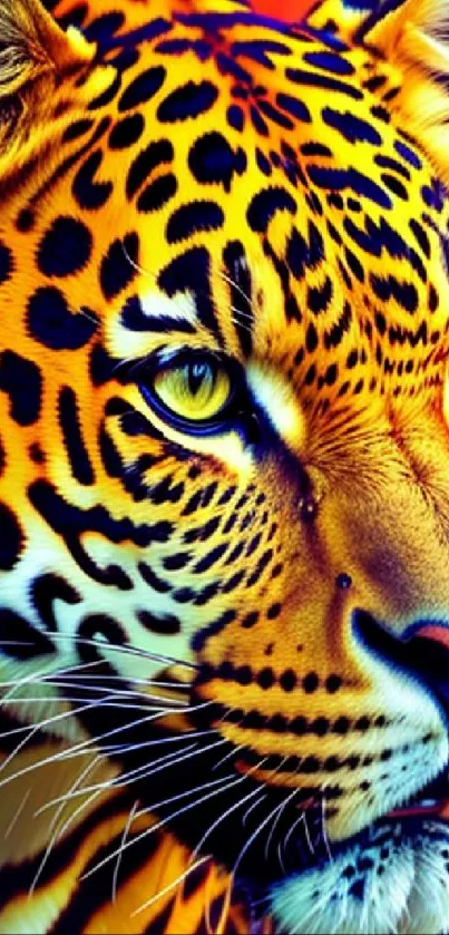 Close-up of a vibrant leopard with an artistic, colorful background.