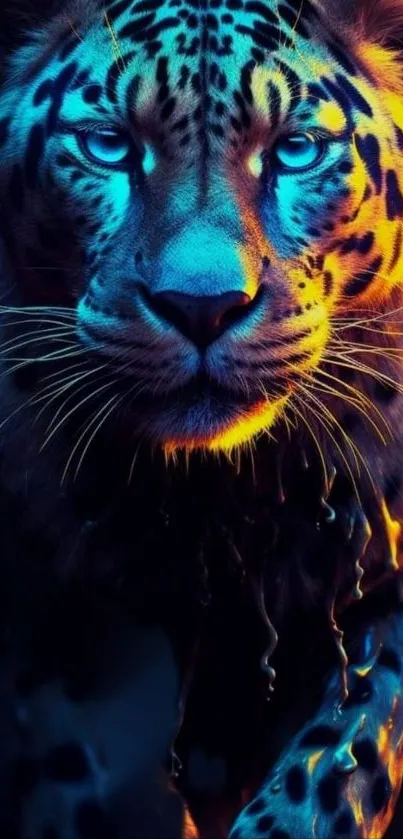 Vibrant leopard in dark blue and orange hues on a mobile wallpaper.