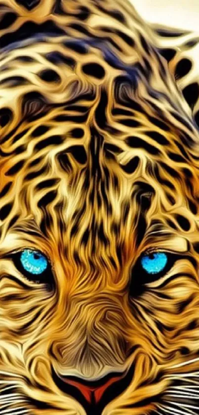 Leopard art wallpaper with vivid blue eyes and detailed fur pattern.