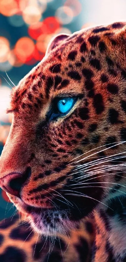 Vibrant leopard portrait with blue eyes and bokeh background.