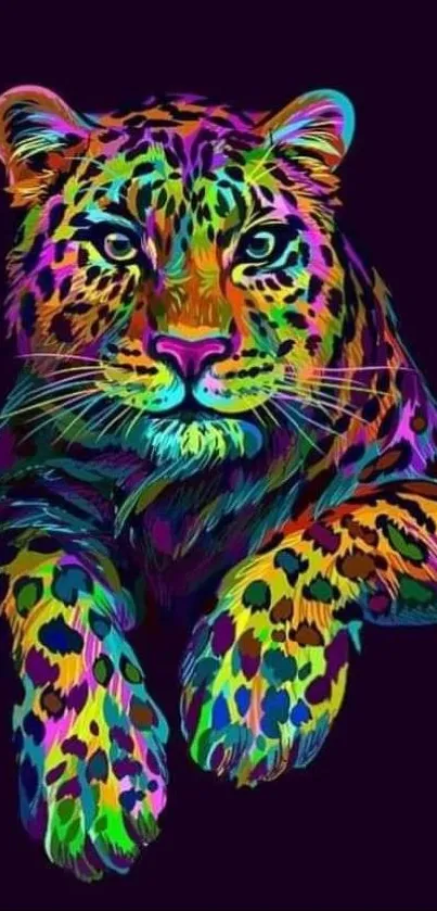 Vibrant leopard art with multicolored spots on a dark purple background.