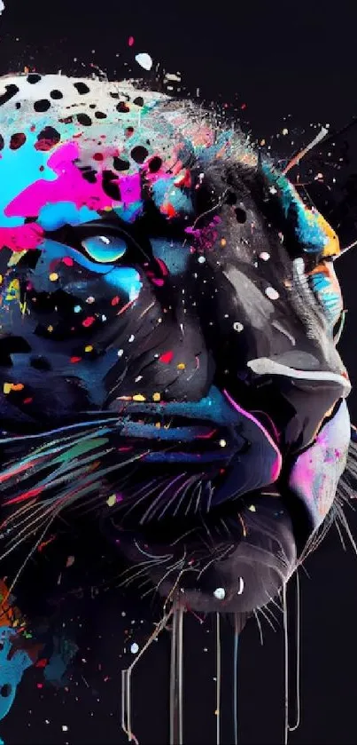 Colorful leopard head with vibrant splashes on black.