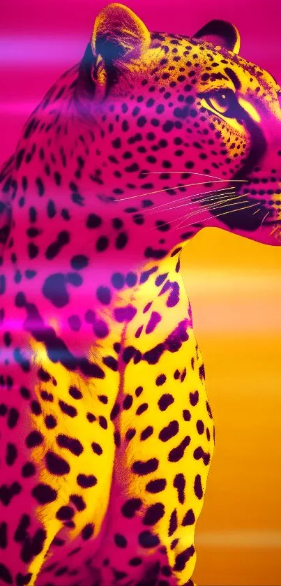 Vibrant neon pink and orange leopard artwork on phone wallpaper.