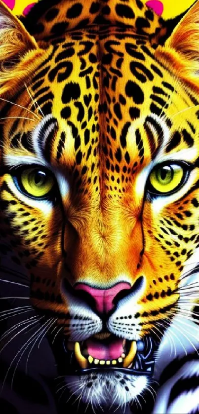 Vibrant leopard face with bold colors and intricate spots in digital artwork.