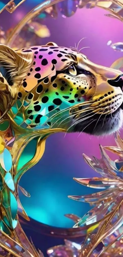 Abstract colorful leopard on vibrant digital background.