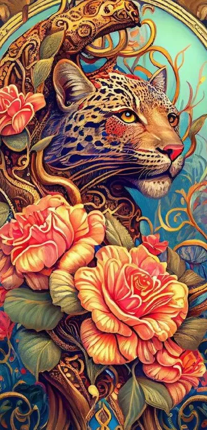 Colorful leopard artwork with roses and leafy details.