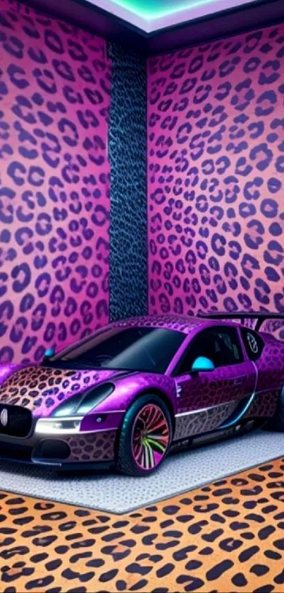 Purple leopard print sports car wallpaper with vibrant design.