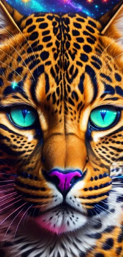 Vivid leopard with cosmic starry background wallpaper.