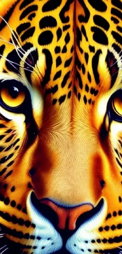 Artistic depiction of a vibrant leopard face with striking golden hues.