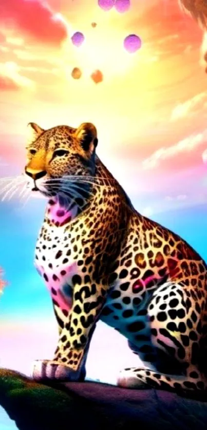 Fantasy artwork of a vibrant leopard in a surreal landscape with colorful skies.